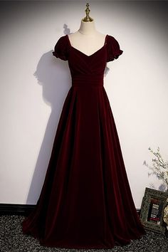 Burgundy Velvet Long Formal Dress with Short Sleeves Hoco Dresses Short Vintage, Fitted Long Ball Gown For Formal Occasions, Formal Full Length Fitted Bridesmaid Dress, Fitted V-neck Ball Gown For Evening, Fitted Floor-length Bridesmaid Dress For Formal Occasions, Fitted Floor-length Mother Of The Bride Dress, Fitted Floor-length Ball Gown For Banquets, Red Velvet Dress Long Sleeve, Burgundy Fall Dress