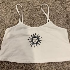 Never Worn Zaful White Cropped Tank Top With A Sewn In Black Sun Design. Size Small White Cotton Crop Top For Vacation, White Graphic Print Crop Top For Beach, White Graphic Print Crop Top For Summer, White Cropped Tank Top, White Crop Tank, White Crop Top Tank, Sun Design, Sun Designs, White Crop