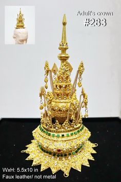 Made of non-metallic material. Gold color anceint jewelry for Thai /Khmer dancing costume. We made Thai patterned with rice flour clay molding and paste on the faux leather structure then painted and cover with gold leaf and decorated with imitation rhinestone, small pieces of glass. Size: #283 Adult crown : diameter 5.5 inches x height 10 inches, Weight: 0.5 Ib #284 Kid's crown : diameter 4 inches x height 7.5 inches, Weight: 0.3 Ib #342 Adult crown : diameter 5 inches x height 4.5 inches, Weig Flour Clay, Thai Outfits, Clay Moulding, Thai Pattern, Crown Tiara, Ancient Designs, Thai Art, Hair Jewelry Wedding, Ancient Jewelry