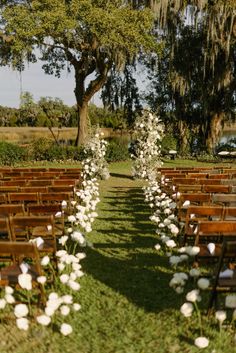 rows of wooden chairs with white flowers lining the aisle in front of trees and grass