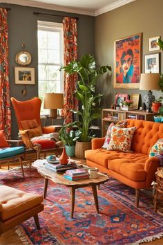 a living room filled with furniture and lots of plants in front of large window curtains