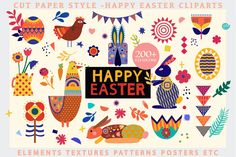 the happy easter poster with an image of rabbits, flowers and other things on it