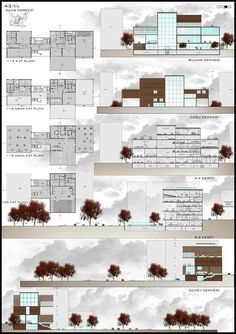 architectural drawings showing the various sections of a building and its surrounding trees in different stages of development