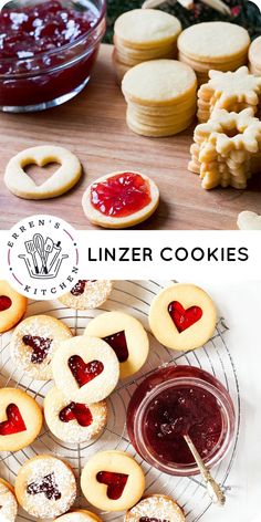 cookies and jams on a cooling rack with the words linzer cookies above them