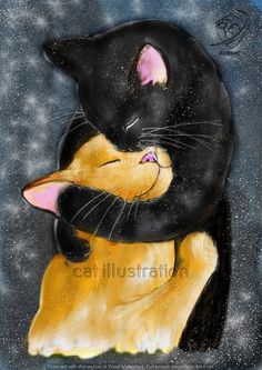 a painting of a black cat hugging a yellow cat with stars in the sky behind it