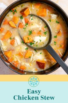 a bowl of chicken stew with a spoon in it and the title overlay reads easy chicken stew