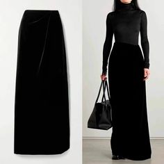 Olivia Mark - High-Waisted Velvet Maxi Pencil Skirt in Black - Slim Fit Midi Skirt Black Velvet Skirt Long, Black Stretch Hip-length Skirt, Black Stretch Full-length Pencil Skirt, Black Sleek Midi-length Pencil Skirt, Black Non-stretch Maxi Skirt, Maxi Pencil Skirt, Fitted Midi Skirt, Y2k Skirts, Velvet Maxi