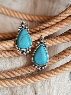 Chunky Turquoise Colored Stone Silver Earrings | gussieduponline Jewelry Western, 80’s Fashion, Trending Jewelry, Western Boutique, Western Earrings, Chunky Earrings, Colored Stone, Sterling Jewelry, Women's Wear