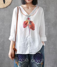 Flower Print Long Sleeve V Neck Linen Shirts Summer Women Tops DZA2005 – SimpleLinenLife Casual V-neck Tops In Ramie, Casual V-neck Ramie Top, Summer Long Sleeve Ramie Blouse, White Casual Ramie Blouse, Long Sleeve Ramie Blouse For Summer, Casual Ramie Top For Spring, Relaxed Fit Ramie Blouse, Summer White Ramie Blouse, Summer Ramie Blouse