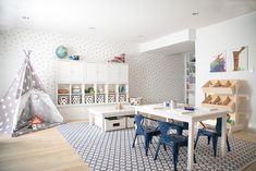 White Playroom, Kid's Playroom, Modern Playroom, Blue And White Rug, Kids Shelves