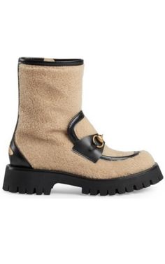 GucciAnkle Boot With Horsebit In Neutrals - Runway Catalog Gucci Ankle Boots, Chevron Jewelry, Gucci Shop, Shoes Flats Sandals, Luxury Women Fashion, The Bee, Dior Shoes, Boots And Sneakers, Lug Sole