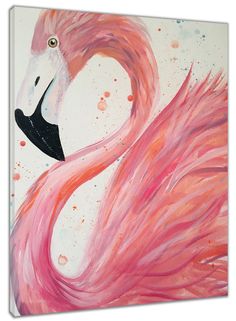 a painting of a pink flamingo with black spots on it's head and neck