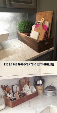 two pictures side by side with the words use an old wooden crate for storage in them