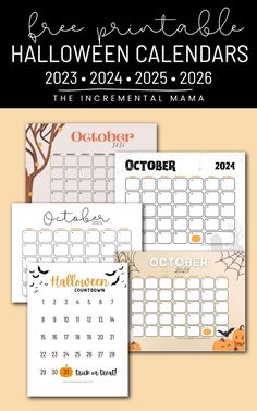 the free printable halloween calendar is shown in three different colors