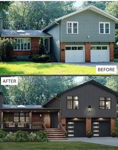 before and after pictures of a house in the suburbs, including two garages on each side