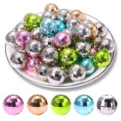 a plate filled with lots of shiny colored balls