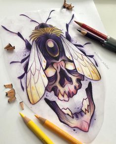 a drawing of a bee with a human skull on it's face and two pencils next to it