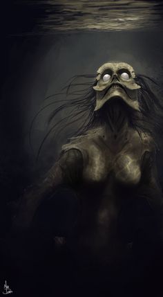 an image of a creepy creature with glowing eyes and long hair in the dark water