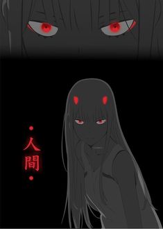 an anime character with red eyes and long hair