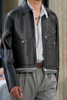 Mens Crop Top, 2024 Menswear, Menswear Details, Trendy Shirt Designs, Leather Jacket Outfits, Mens Outfit Inspiration, Hermes Men, Menswear Fashion Show, Mens Fashion Streetwear