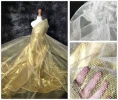 the dress is covered in gold and white fabric