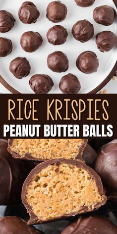 chocolate covered peanut butter balls on a plate with text overlay that reads, rice krispies peanut butter balls