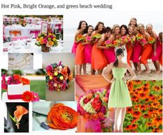 an orange and pink wedding theme is featured in this collage, including the bridesmaid's bouquets