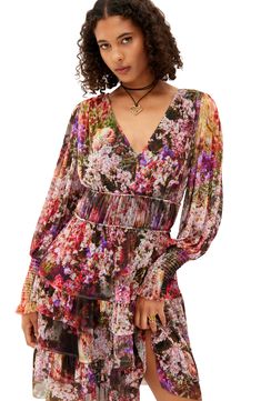 Tiered ruffles and an enchanting floral pattern make this long-sleeve minidress a contemporary style standout. Slips on over head V-neck Long sleeves with smocked cuffs 95% polyester, 5% elastane Machine wash, line dry Imported Pattern Making, Contemporary Style, Ruffles, Floral Pattern, Floral Print, Floral Prints, Slip On, Nordstrom, Long Sleeves