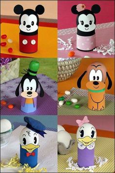 several different pictures of mickey mouses made out of toilet paper