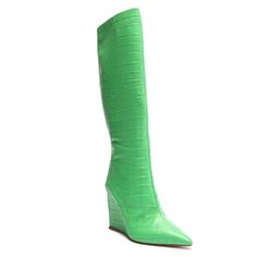 Excellent Condition, Gently Used, Like New! Spring High Heel Wedge Boots With Reinforced Heel, Green Leather Summer Boots, Green Leather Boots For Summer, Spring Ankle-high Wedge Boots For Party, Spring Party Ankle-high Wedge Boots, Green Formal Boots For Fall, Green Ankle-high Formal Boots, Chic Green Pointed Toe Boots, Green Pointed Toe Boots With Reinforced Heel