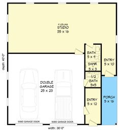 the floor plan for a two car garage with an attached living room and dining area