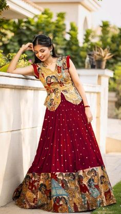 Real Hand Work And Kalamkari Designe Crop Top _*VT-RAASLEELA*_ *Top* *Fabric:-* Mono Slub *Inner:-* Micro Cotton *Work:-* Hand work & Kalamkari *Size:-* M Upto L Margin XL upto 2xl Margin *(Fully Stitched)* *Lehenga* *Fabric:-* Fox Georgette *Inner:- * Micro Cotton *Work:-* Sequence Work *Flair:-* 3 Meter _*COLORS :- RED AND WINE*_ _Ae Halo Halo Dandiya Ramwa_ Croptop Lehenga Designs, Elegant Cotton Dress, Lehenga Designs Latest, Kalamkari Design, Girls Lehenga, Cotton Dress Pattern, Crop Top Lehenga