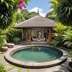 an outdoor pool surrounded by greenery with a gazebo in the middle and lounge chairs around it