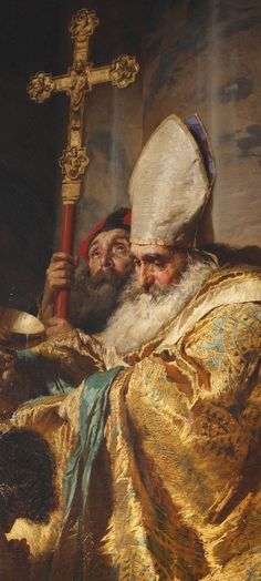 an old painting of a man holding a cross