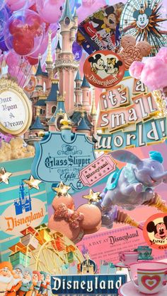 a collage of disney land and its famous buildings with balloons in the air above them