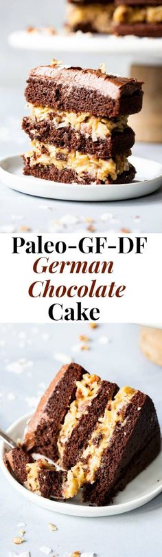 two pieces of cake sitting on top of plates with the words paleo - glub german chocolate cake