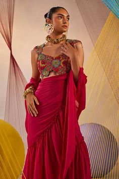 Rani pink pre-draped ruffle saree in chinon chiffon base. Comes with a raw silk padded blouse with resham and zardosi hand embroidery. - Aza Fashions Rani Pink, Ruffle Saree, Padded Blouse, Drape Saree, Blouse For Women, Pink Saree, Embroidered Blouse, Raw Silk, Aza Fashion