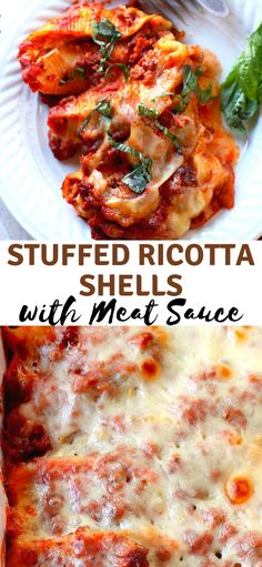 two pictures of stuffed ricotta shells with meat sauce and basil on the side,