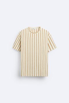 TEXTURED STRIPED T-SHIRT - Ecru/Yellow | ZARA United States Retro Cream Short Sleeve T-shirt, Mustard Short Sleeve T-shirt With Graphic Print, Beige Graphic Tee For Summer, Casual Cream Short Sleeve T-shirt, Retro Beige Short Sleeve T-shirt, Cream Cotton Retro Top, Retro Cream Cotton Tops, Retro Cream Cotton Top, Yellow Retro Short Sleeve T-shirt