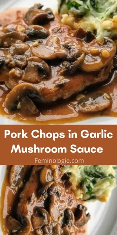 pork chops in garlic mushroom sauce on a white plate