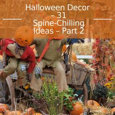 two scarecrows sitting on top of a wooden cart with pumpkins in the background