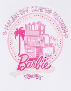 the back of a white t - shirt with pink lettering and palm trees on it