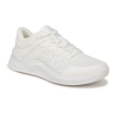 a white tennis shoe with the word on it's upper part and laces