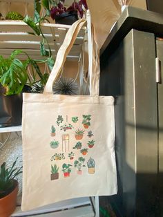 Plant tote bag!  Dimensions are 13x15 Floral Embroidered Canvas Tote Bag Gift, Eco-friendly Everyday Bag With Plant Print, Cotton Tote Bag With Plant Print, Tote Bag Painting, Eco-friendly Tote Bag With Plant Print, Garden Tote Bag, Bag Painting, Cleveland Tn, Handmade Plant