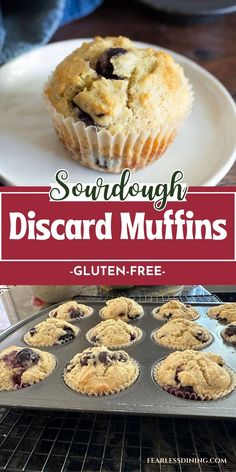 a muffin is sitting on a plate in front of an oven with the words, sourdough discard muffins gluten free