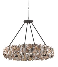 a large chandelier with shells hanging from it's center point, on a white background