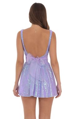 Sequin Open Back Bow Dress in Lavender | LUCY IN THE SKY Sparkly Hoco Dress, Back Bow Dress, Cotillion Dresses, Lucy In The Sky, Prom Dress Inspiration