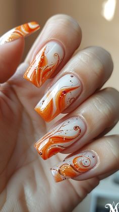 Orange Nail Designs Fancy Orange Nails, Fire Orange Nails, White Nails With Orange Design, White And Orange Nails, Orange Nails Design, Royals Nails, Brown Nail Art, Nails Orange, Dragon Nails