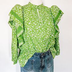 Brand New With Tags, Who What Wear Green And White Shamrock Ruffle 3/4 Sleeve Blouse. Key Hole Front, Turtle Neck. Size Large- Measurements Provided. More Photos Available Upon Request. Bundle Multiple Items To Save! Free Shipping Available On All Bundle Orders $60+ Chic Green Blouse With 3/4 Sleeves, Green Ruffle Sleeve Top For Spring, Green Cotton Ruffle Sleeve Blouse, Summer Ruffle Blouse With 3/4 Sleeves, Spring Ruffled Tops With 3/4 Sleeves, Summer Blouse With Ruffles And 3/4 Sleeves, Casual Ruffled Blouse With 3/4 Sleeves, Casual Blouse With Ruffles And 3/4 Sleeves, Green Cotton Blouse With Ruffle Sleeves