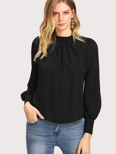 Puff Sleeve Pleated Detail Blouse -SheIn(Sheinside) Stand Collar Blouse, Ladies Chiffon Shirts, Plain Blouse, Pleated Blouse, Elegant Blouses, Chiffon Shirt, Collar Blouse, Black Top, Elegant Fashion